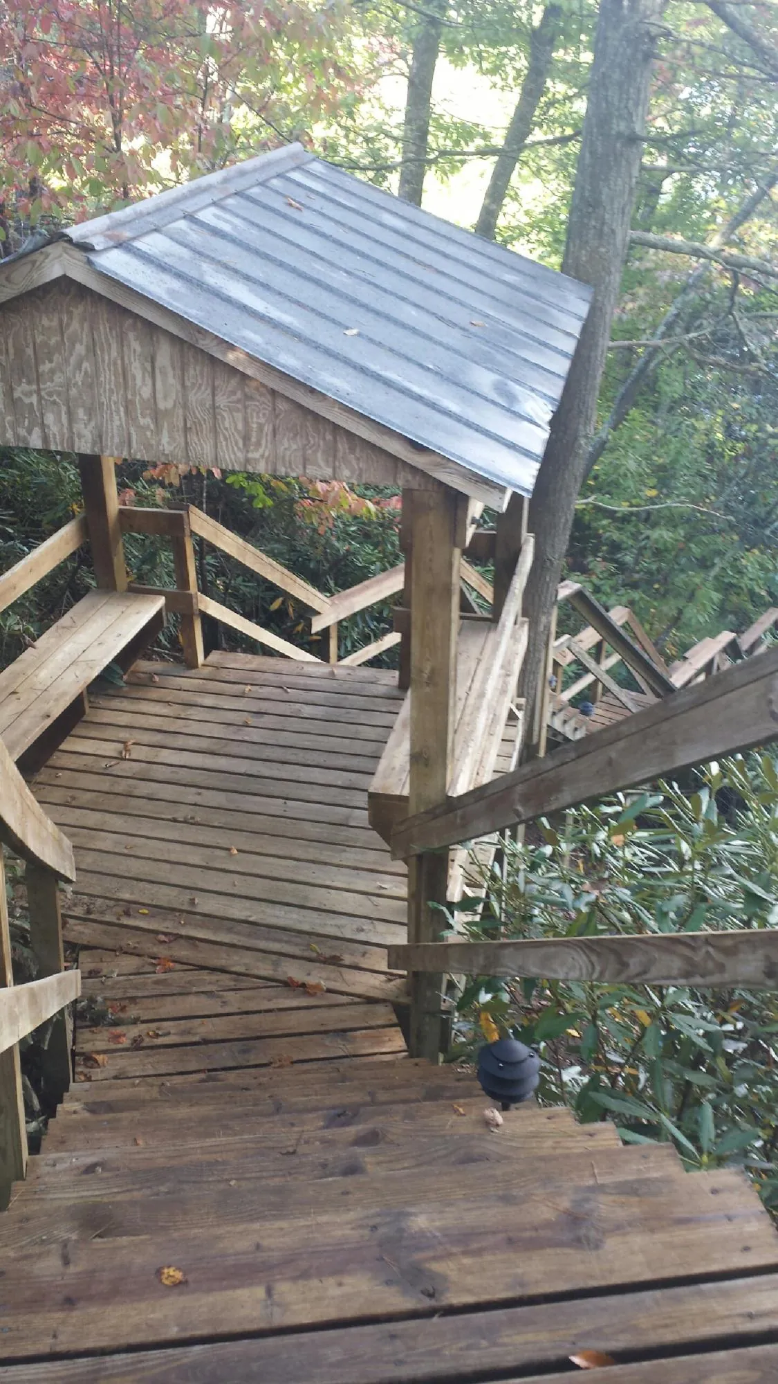 Metal roofed shelter over wooden steps on a wooded walkway — Skylight Repair & Installation work by our crew in Canute